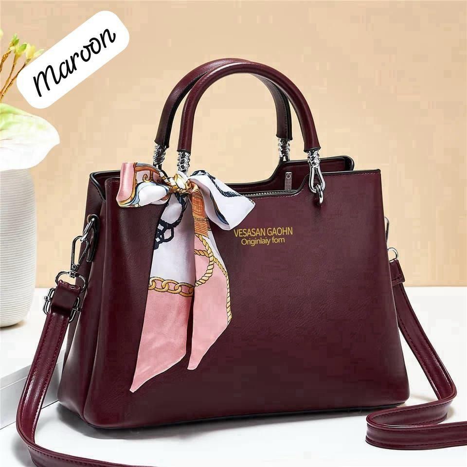 '-1Pc Vesasan Gaohn Faux Leather Handbag With Decorative Scarf Elegant Design Premium Quality - Black