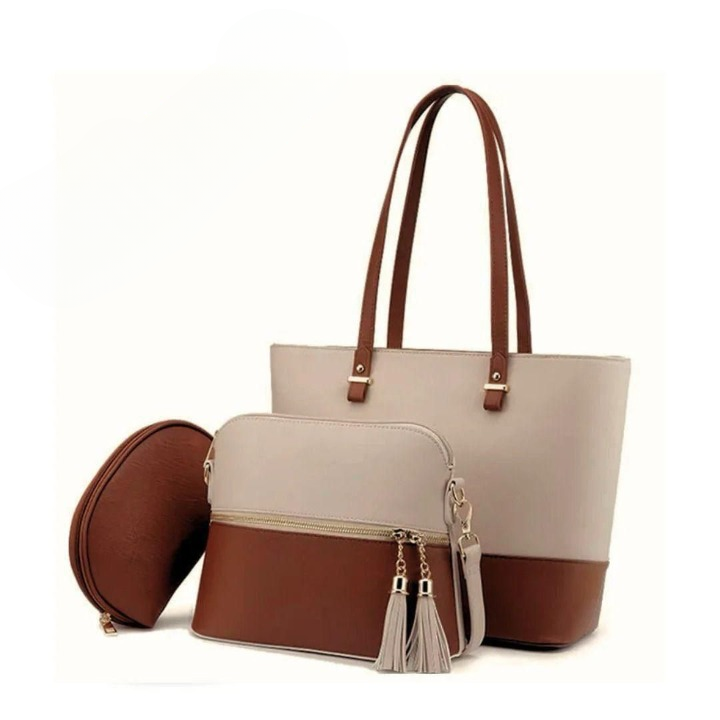 3 Piece Tote Handbag Elegant Design Premium Quality Smooth Finish Easy Carry For Daily Fashion Needs - Black and Skin