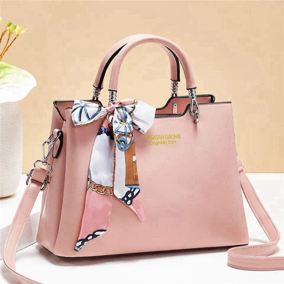 '-1Pc Vesasan Gaohn Faux Leather Handbag With Decorative Scarf Elegant Design Premium Quality - Black