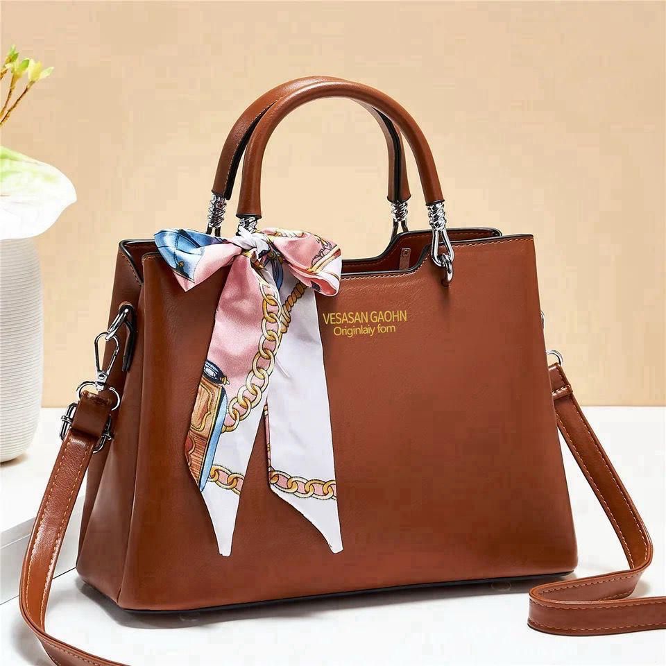 '-1Pc Vesasan Gaohn Faux Leather Handbag With Decorative Scarf Elegant Design Premium Quality - Black