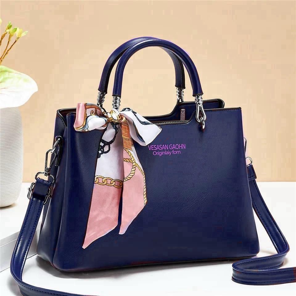 '-1Pc Vesasan Gaohn Faux Leather Handbag With Decorative Scarf Elegant Design Premium Quality - Black
