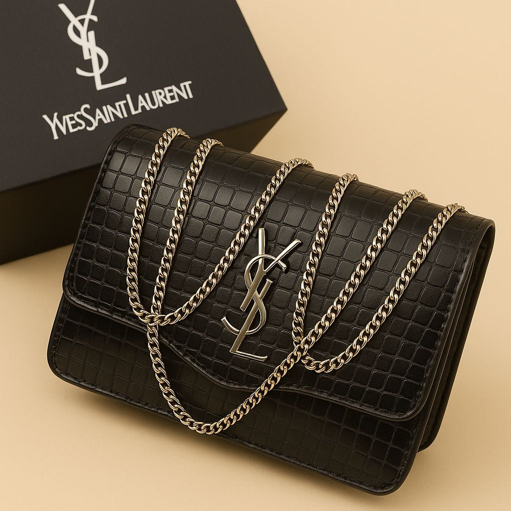 Premium Croc-Embossed Vegan Leather Crossbody Bag with Elegant Gold-Tone Chain Strap and Iconic Signature Hardware ( black )