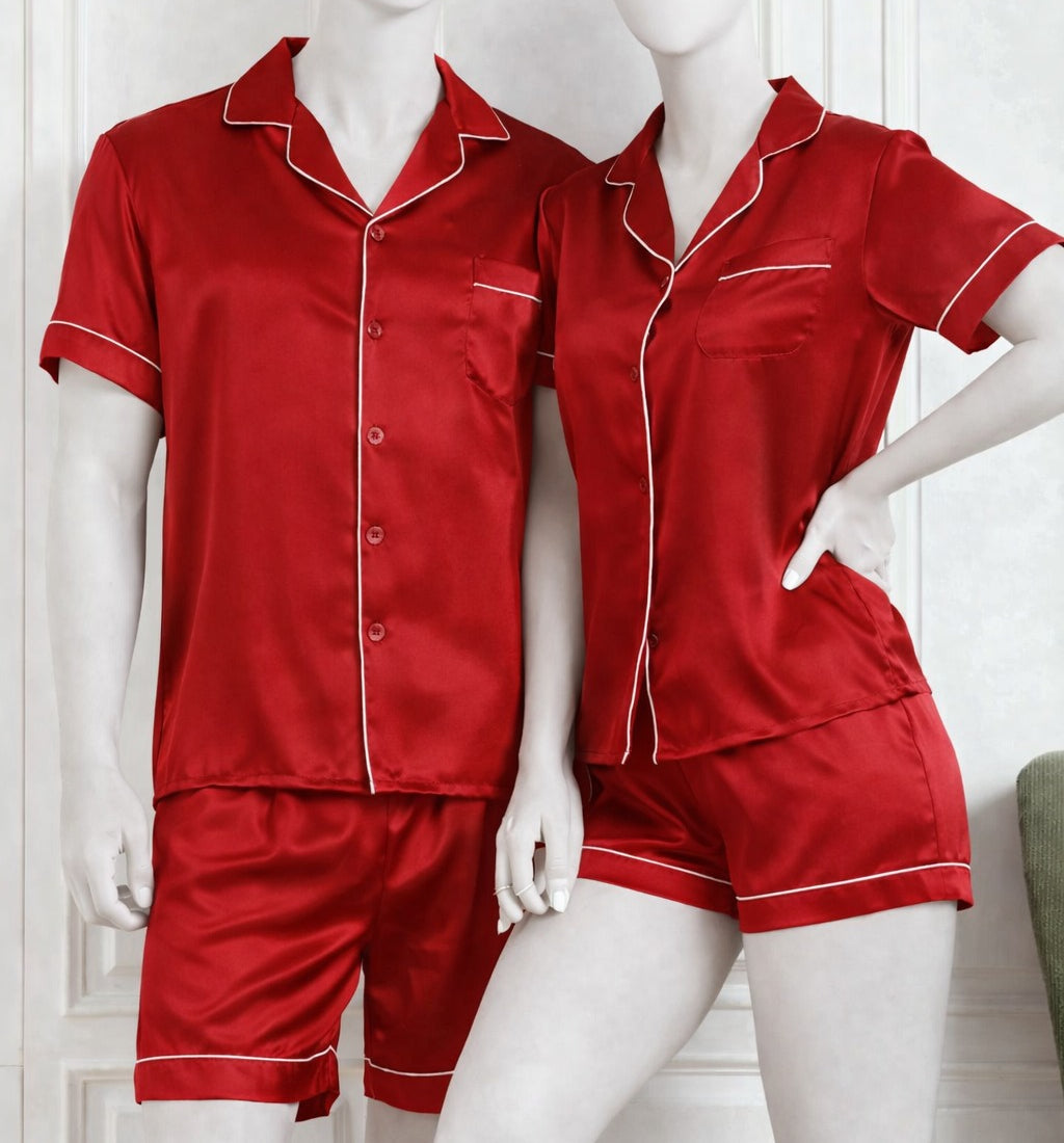 Couple Night Dress Silk Pajama Set – Short Sleeve Shirt & Shorts (4 Pcs) |