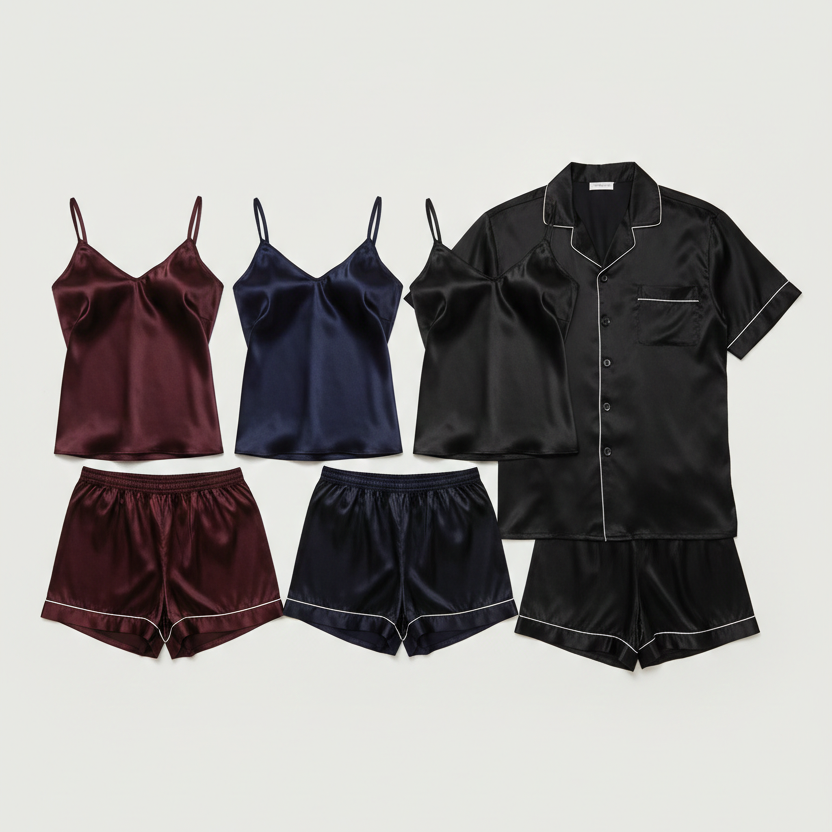 ouple Night Dress / Night Suit / Silk Sleepwear Set – 4-Piece Camisole & Shirt with Shorts