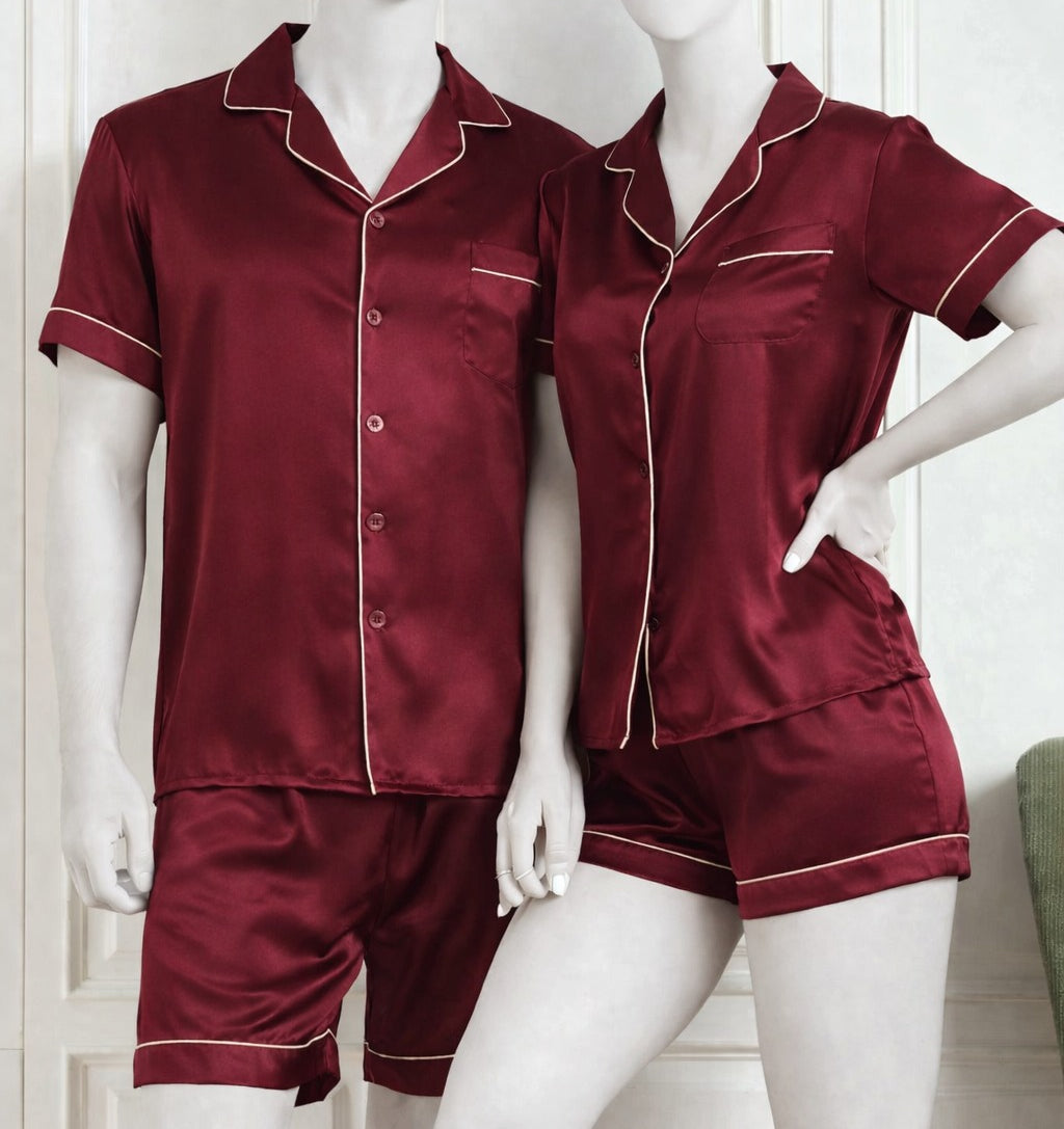 Couple Night Dress Silk Pajama Set – Short Sleeve Shirt & Shorts (4 Pcs) |