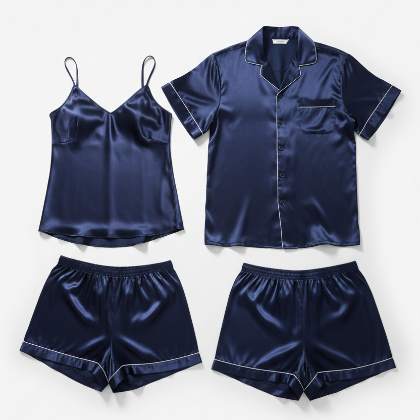 ouple Night Dress / Night Suit / Silk Sleepwear Set – 4-Piece Camisole & Shirt with Shorts
