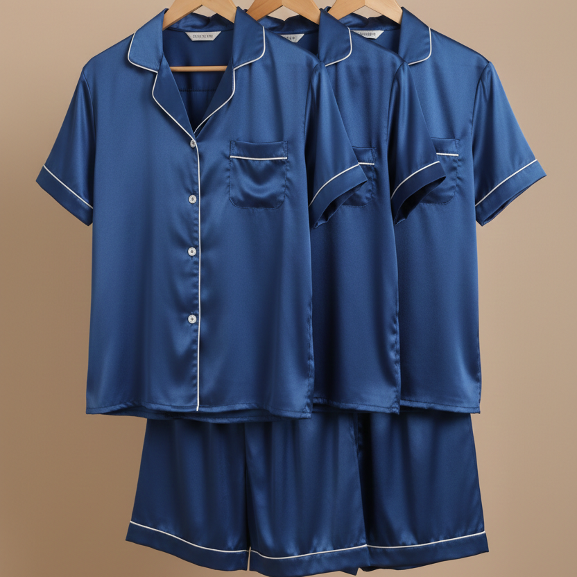 Couple Night Dress Silk Pajama Set – Short Sleeve Shirt & Shorts (4 Pcs) |