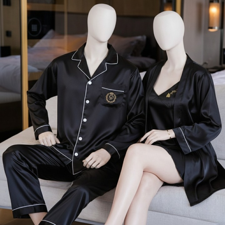 Couple Night Dress Silk Pajama Set – Short Sleeve Shirt & Shorts (4 Pcs) |