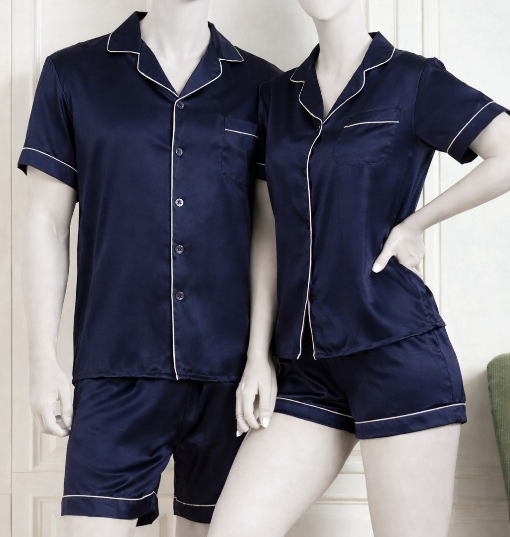 Couple Night Dress Silk Pajama Set – Short Sleeve Shirt & Shorts (4 Pcs) |