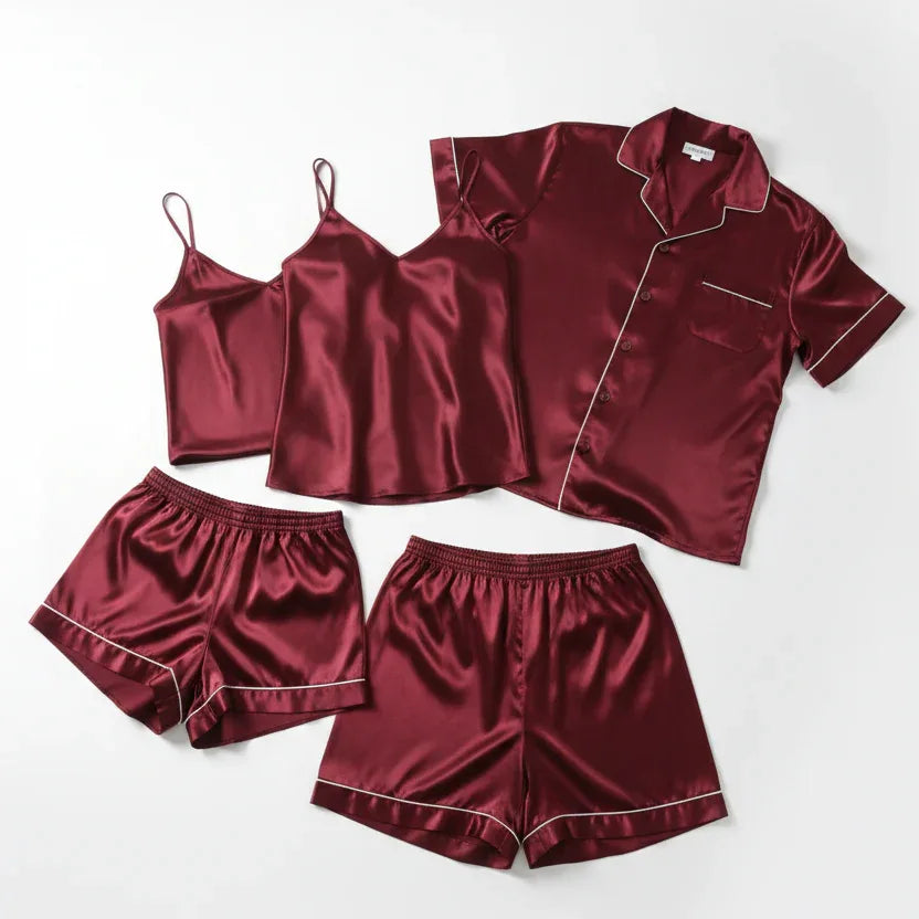 ouple Night Dress / Night Suit / Silk Sleepwear Set – 4-Piece Camisole & Shirt with Shorts