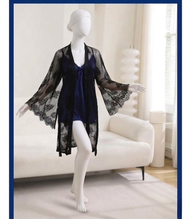 2-Piece Women's Sleepwear Set – Camisole, Shorts & Lace Gown Soft Satin Nightwear Free Size (Black)