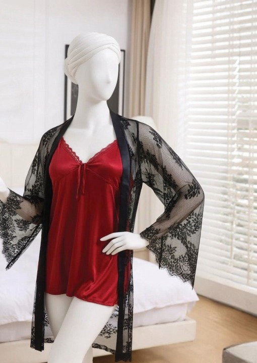 2-Piece Women's Sleepwear Set – Camisole, Shorts & Lace Gown Soft Satin Nightwear Free Size (Black)