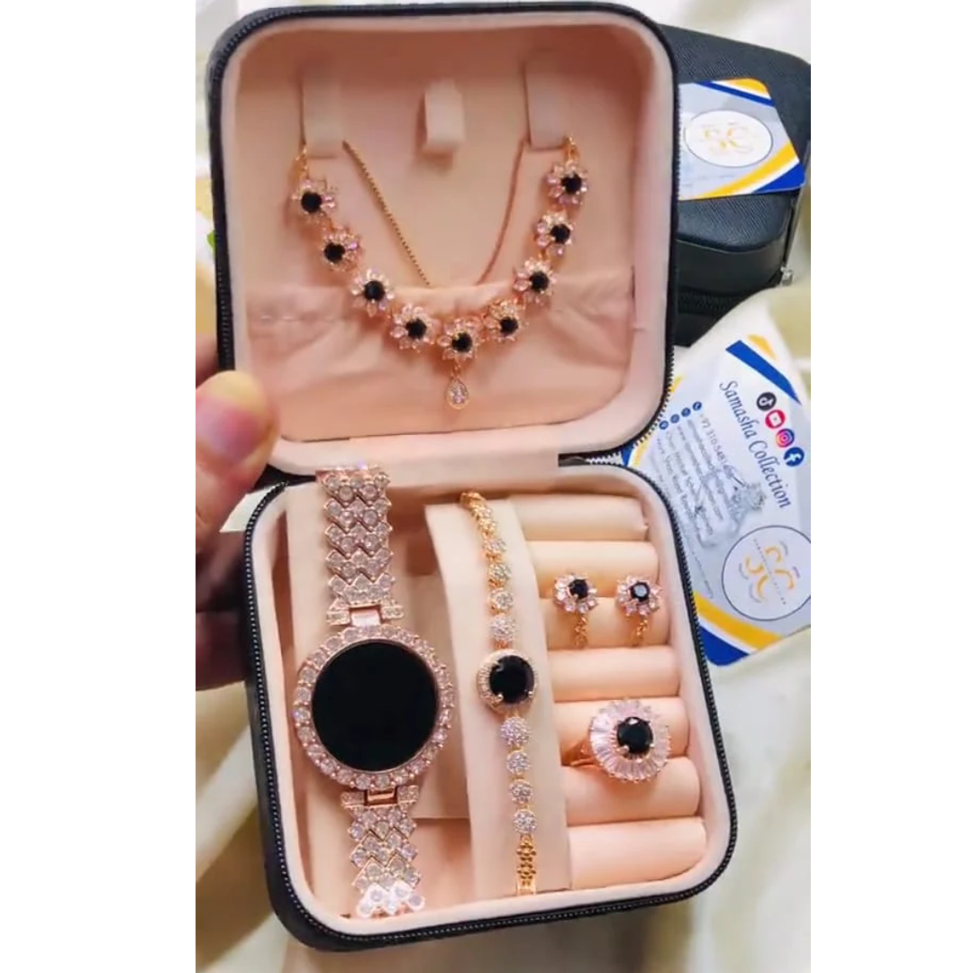 Elegant Women Luxury Jewelry Set with Rhinestone Watch Bracelet Necklace Ring & Earrings – Premium Gift Box Set