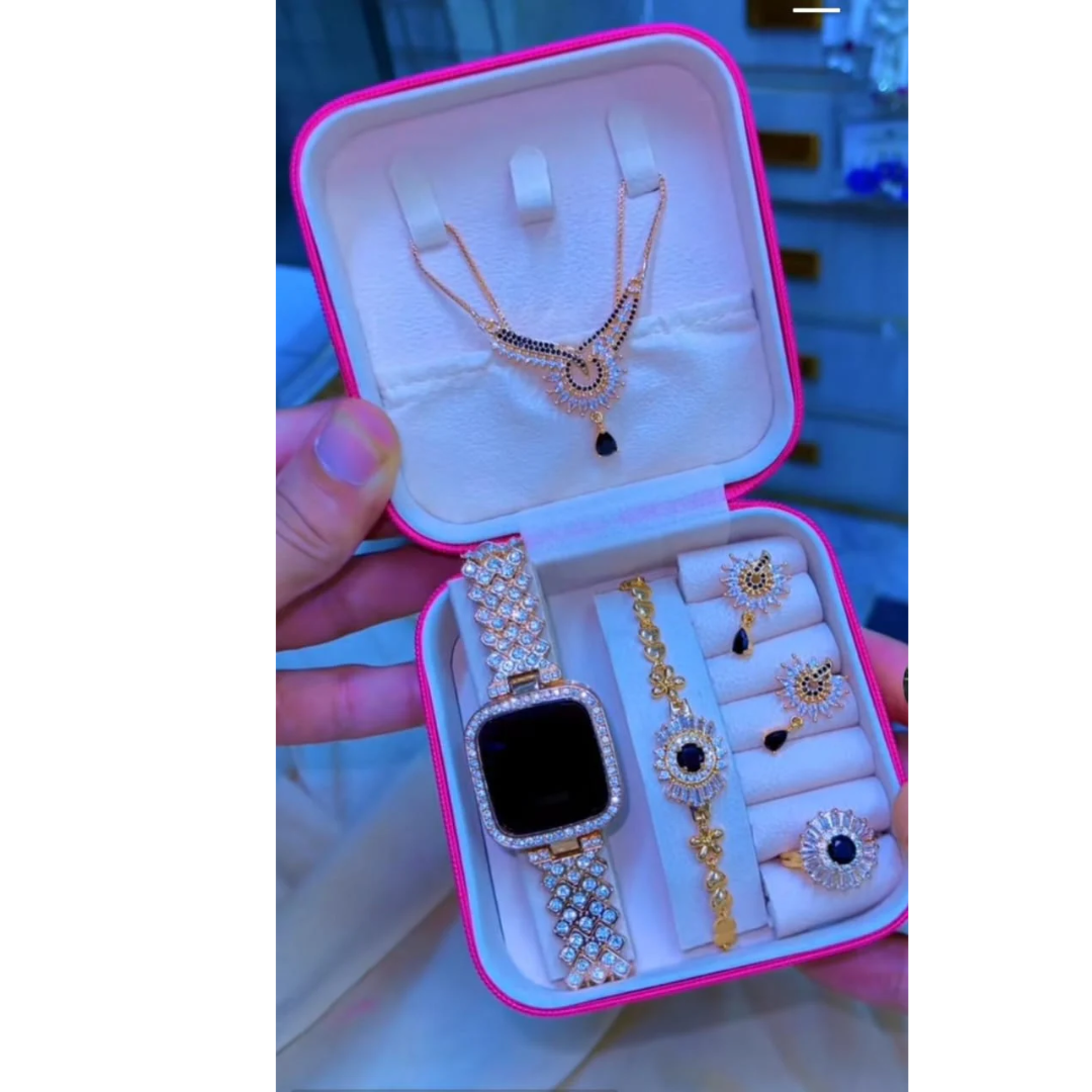 Fashion Women Diamond Style Watch Set with Necklace Earrings Bracelet & Ring – Luxury Accessories Collection