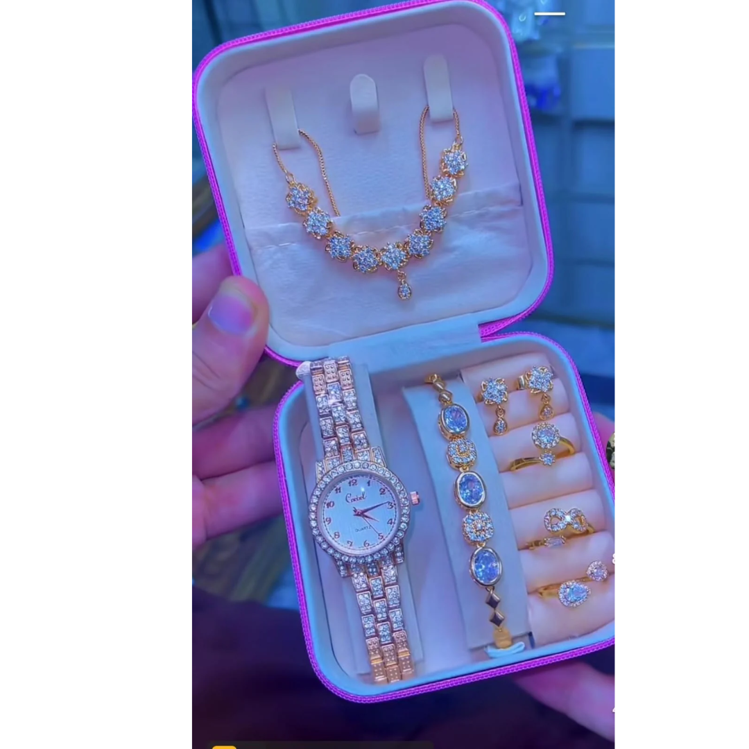 Fashion Women Diamond Style Watch Set with Necklace Earrings Bracelet & Ring – Luxury Accessories Collection