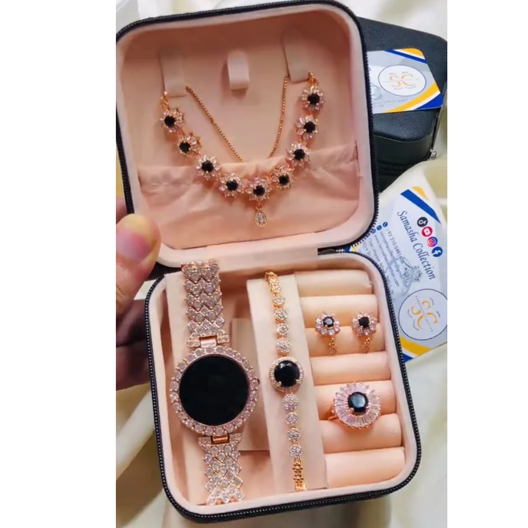 Elegant Women Luxury Jewelry Set with Rhinestone Watch Bracelet Necklace Ring & Earrings – Premium Gift Box Set