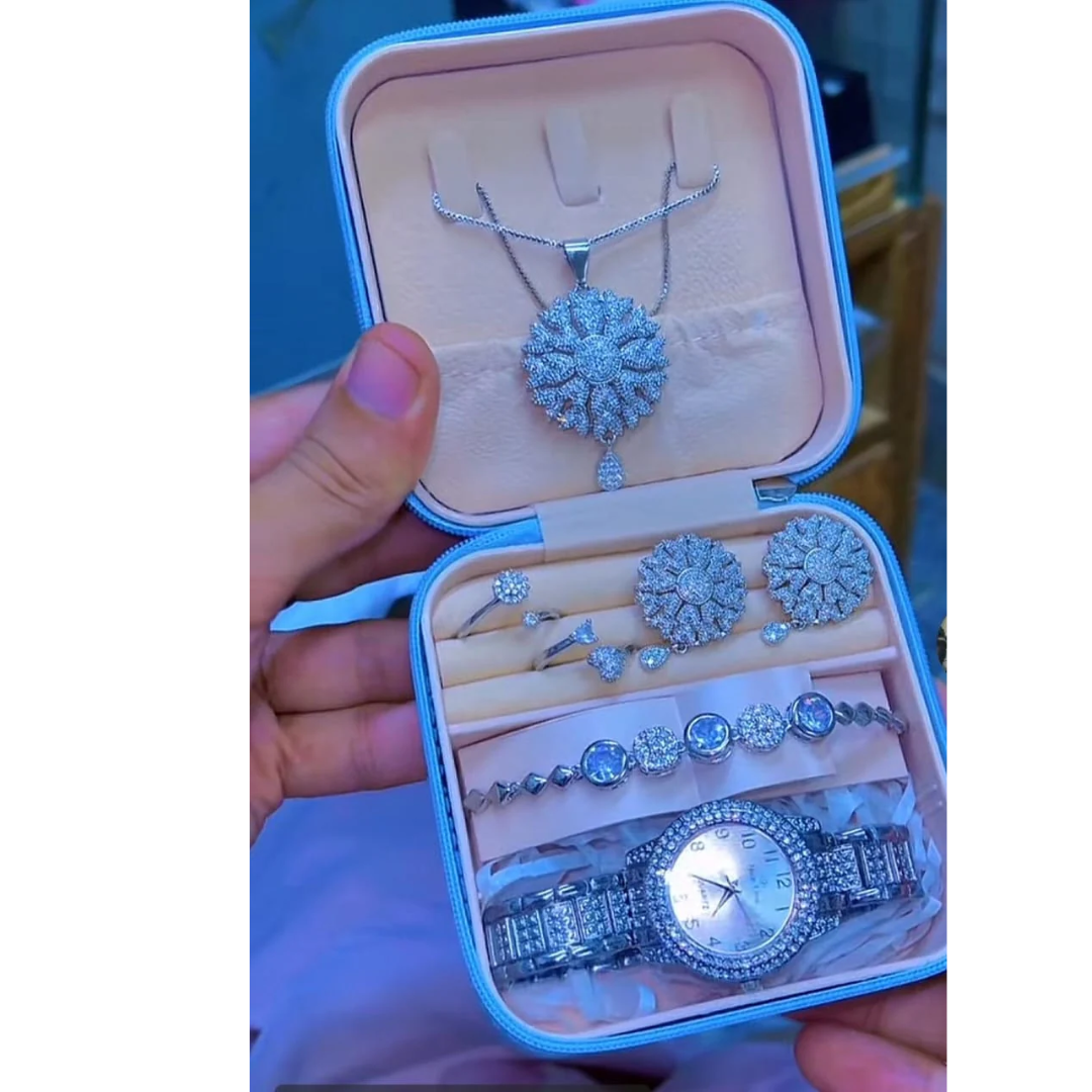 Fashion Women Diamond Style Watch Set with Necklace Earrings Bracelet & Ring – Luxury Accessories Collection